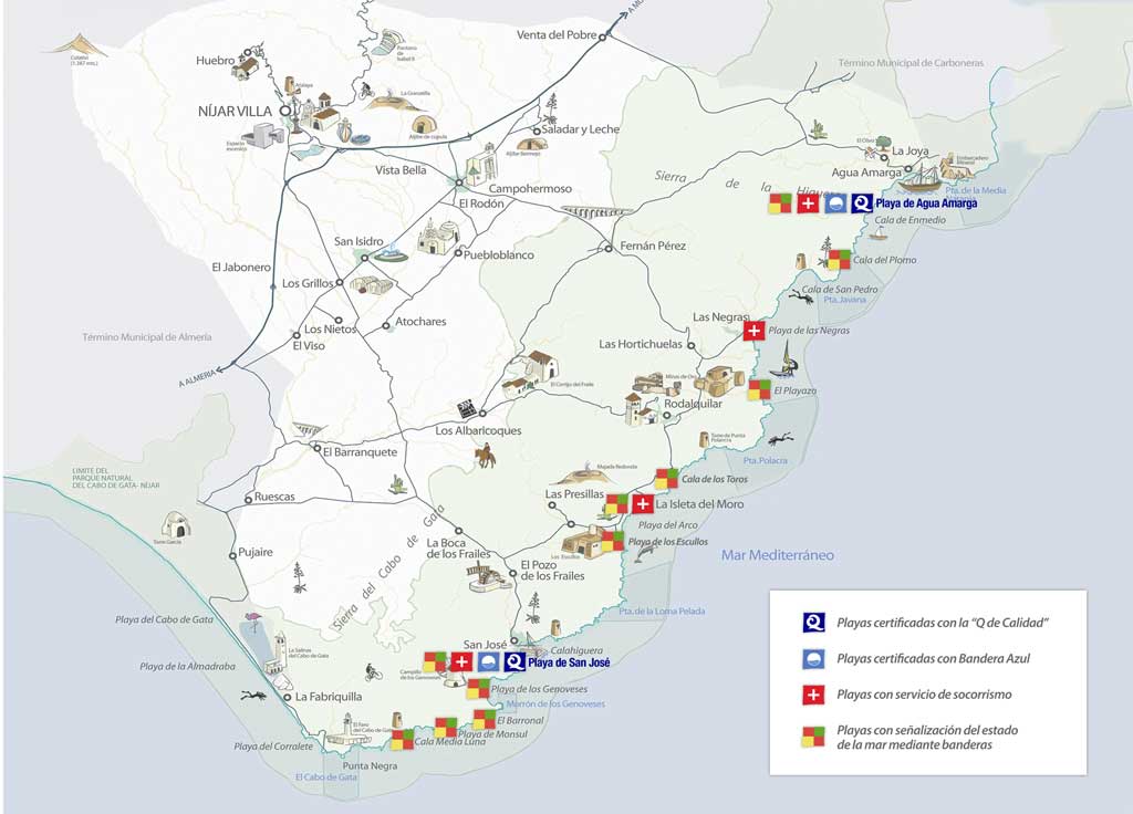 Mapa Banderas Azules y Q de calidad de Nijar Almeria Parque NAutral de Cabo de Gata Nijar